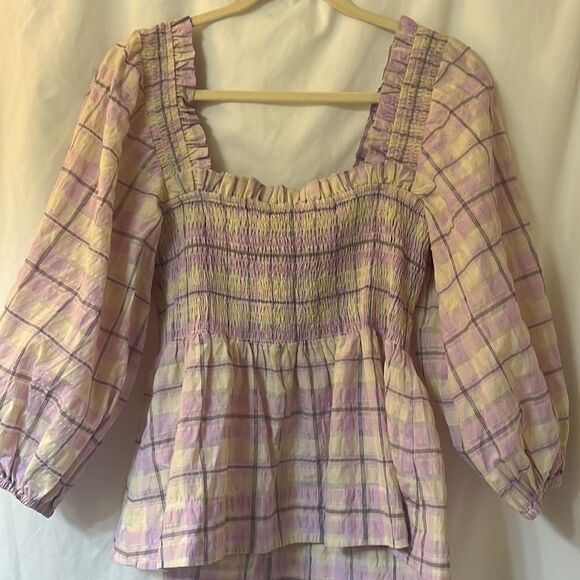 Ganni Seersucker Smocked Check Plaid Square Neck Poplin Top Size 38 - Picture 6 of 6